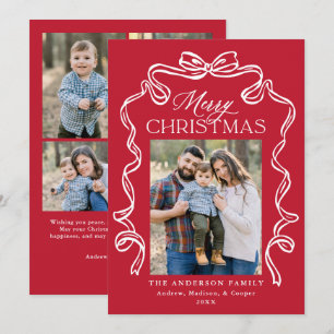 Elegant Bow Red Merry Christmas 5 Photo Holiday Card