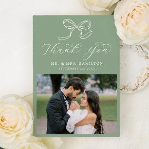 Elegant Bow Sage Green Photo Wedding Thank You Card