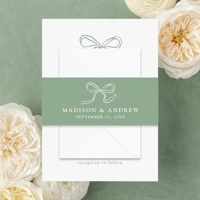 Elegant Bow Sage Green Wedding Invitation Belly Band (Creator Uploaded)