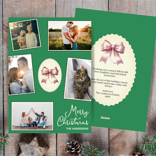Elegant Bow Sea Green Christmas Photo Collage  Holiday Card (Creator Uploaded)