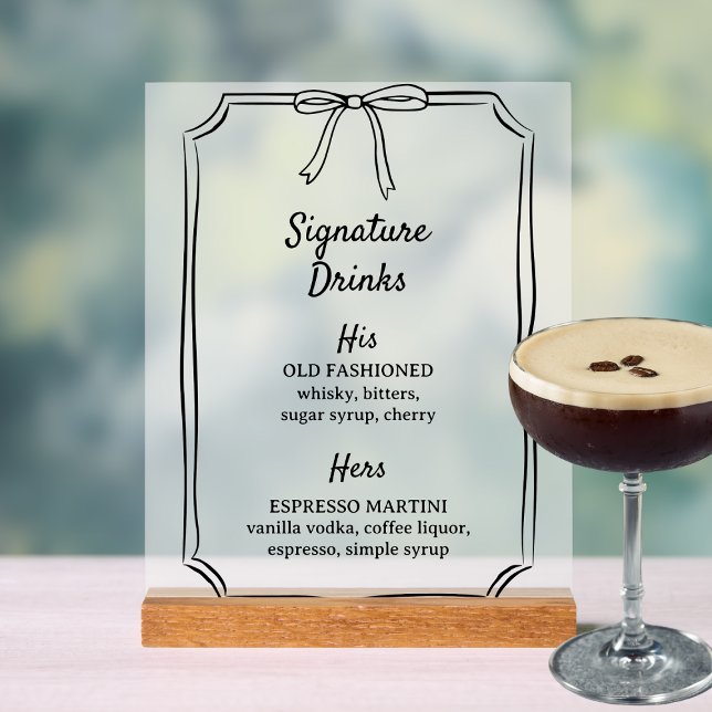 Elegant Bow Signature Drinks Wedding Bar Menu Acrylic Sign (Creator Uploaded)
