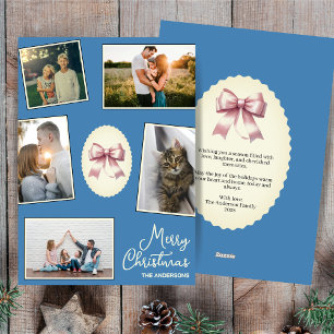 Elegant Bow Steel Blue Christmas Photo Collage Holiday Card