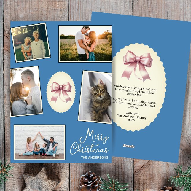 Elegant Bow Steel Blue Christmas Photo Collage  Holiday Card (Creator Uploaded)