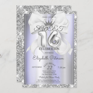 Elegant Bow,Tiara,Violet Silver Glitter Sweet 16 Invitation