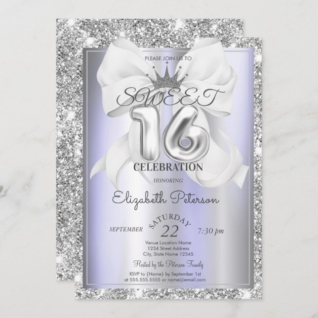 Elegant Bow,Tiara,Violet Silver Glitter Sweet 16  Invitation (Front/Back)