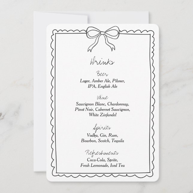 Elegant Bow Wedding Drinks Bar Menu Sign (Front)