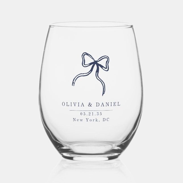 Elegant Bow Wedding navy blue favour Glass (Front)