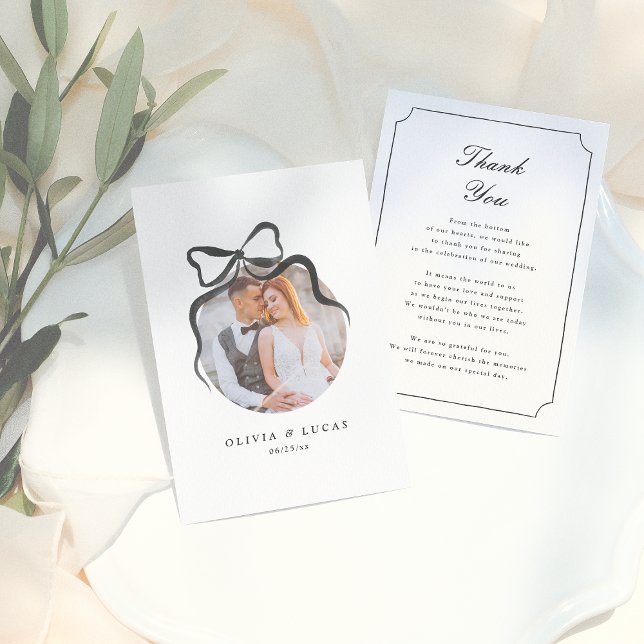 Elegant Bow Whimsical Black & White Photo Wedding Thank You Card (Creator Uploaded)