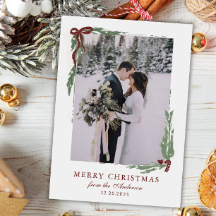 Elegant Bow with Greenery Photo Christmas Holiday Card
