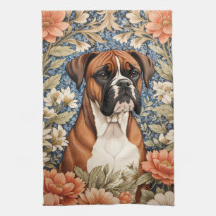 Elegant Boxer Dog William Morris Inspired Tea Towel