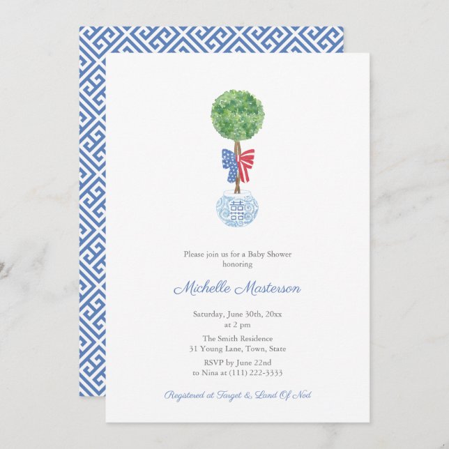 Elegant Boxwood Red Blue Bow Boy Baby Shower Party Invitation (Front/Back)