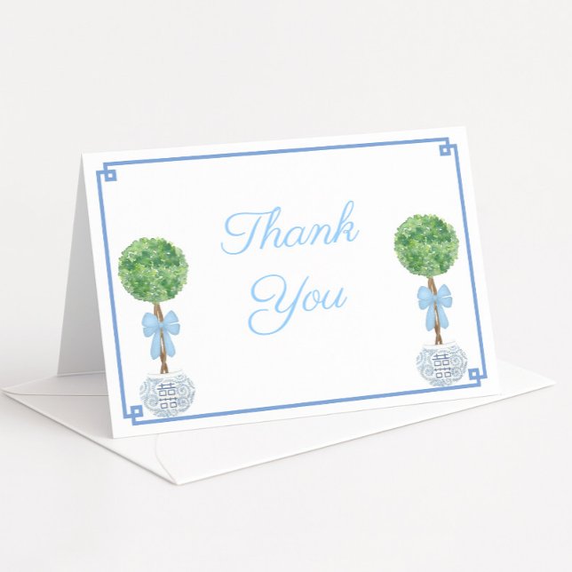 Elegant Boxwood Topiary Blue Baby Boy Shower Thank You Card (Boxwood topiary with baby blue bow in chinoiserie planter thank you card)