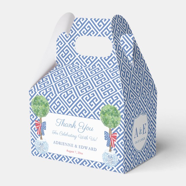 Elegant Boxwood Topiary Monogram July 4th Wedding Favour Box (Front Side)