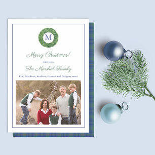 Elegant Boxwood Wreath Plaid Horizontal Photo Holiday Card