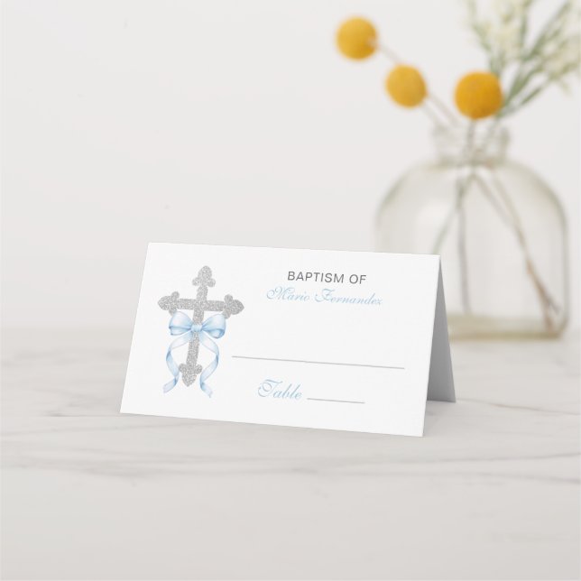 Elegant Boy Baptism Blue Bow Silver Cross Glitter Place Card (Front)