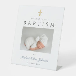 Elegant Boy Baptism Dusty Blue Photo Welcome Pedestal Sign