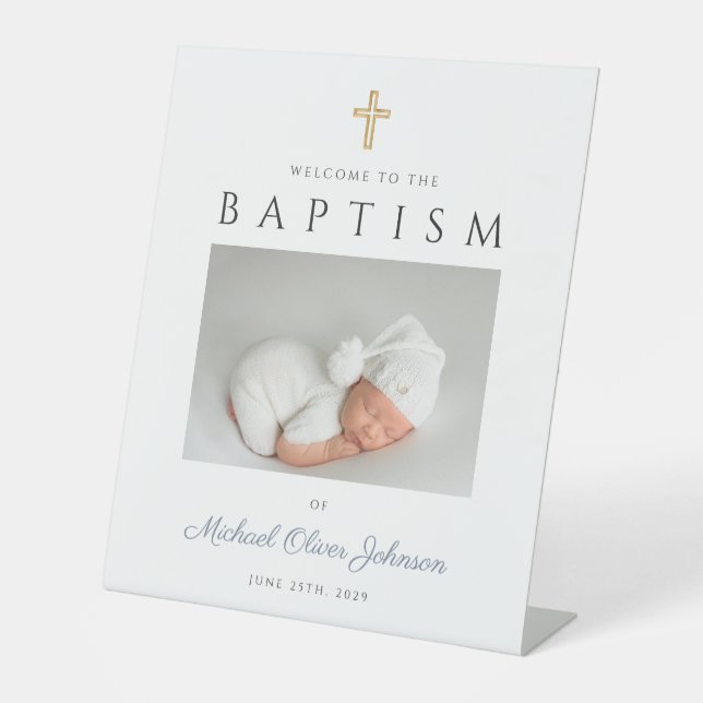 Elegant Boy Baptism Dusty Blue Photo Welcome Pedestal Sign (Front)