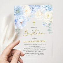 Elegant Boy Baptism Gold Cross Dusty Blue Floral 