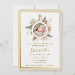 Elegant Boy Baptism Greenery Cross Photo Invitati Invitation