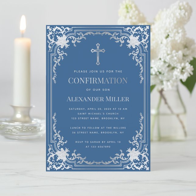 Elegant Boy Confirmation Classic Blue Faux Silver  Invitation (Creator Uploaded)