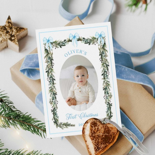 Elegant Boy First Christmas Photo Card (Baby Boy First Christmas Photo Card)