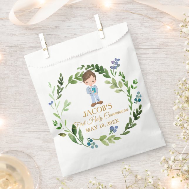 Elegant Boy First Holy Communion Greenery Wreath Favour Bag (Clipped)