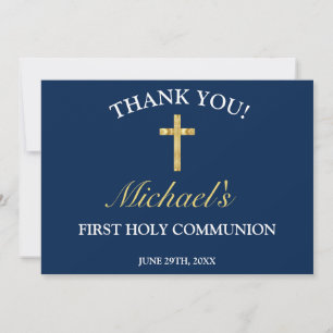 Elegant Boys Gold Blue Cross First Communion Thank You Card