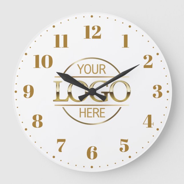 Elegant Branded Company Business Logo White Gold Large Clock (Front)
