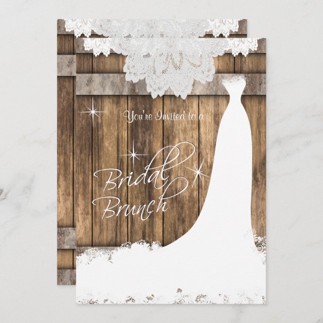 Elegant Bridal Brunch in Rustic Wood and Lace Invitation (Front/Back)