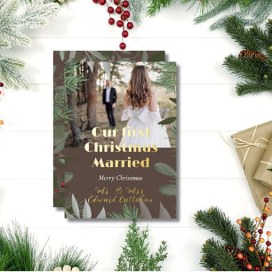 Elegant Bridal Photo Brown 1st Christmas Married  Foil Holiday Card