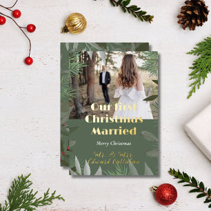 Elegant Bridal Photo Green 1st Christmas Married  Foil Holiday Card