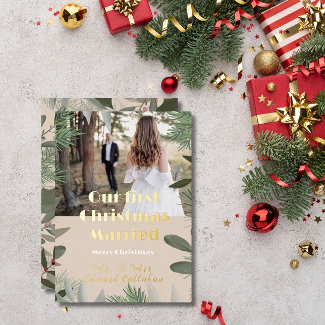 Elegant Bridal Photo Peach 1st Christmas Married  Foil Holiday Card (Creator Uploaded)