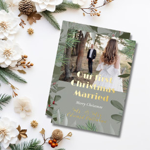 Elegant Bridal Photo Sage 1st Christmas Married Foil Holiday Card