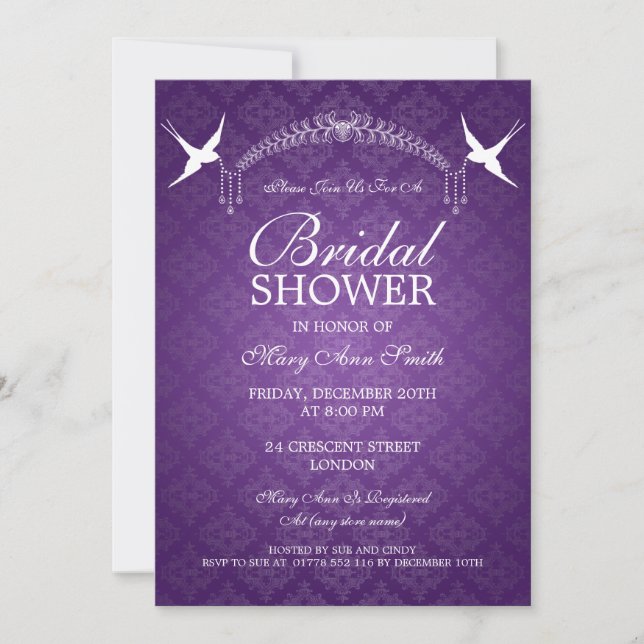 Elegant Bridal Shower Birds & Diamonds Purple Invitation (Front)