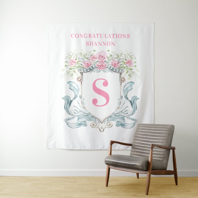 Elegant Bridal Shower Crest w/ Roses Backdrop Tapestry (In Situ)