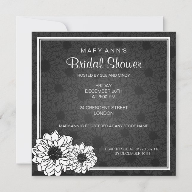 Elegant Bridal Shower Dahlia Floral  Black Invitation (Front)