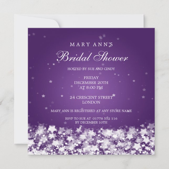Elegant Bridal Shower Dazzling Stars Purple Invitation (Front)