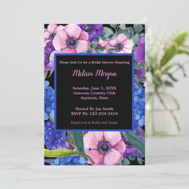 Elegant Bridal Shower Floral Blue Purple Pink Invitation (Standing Front)