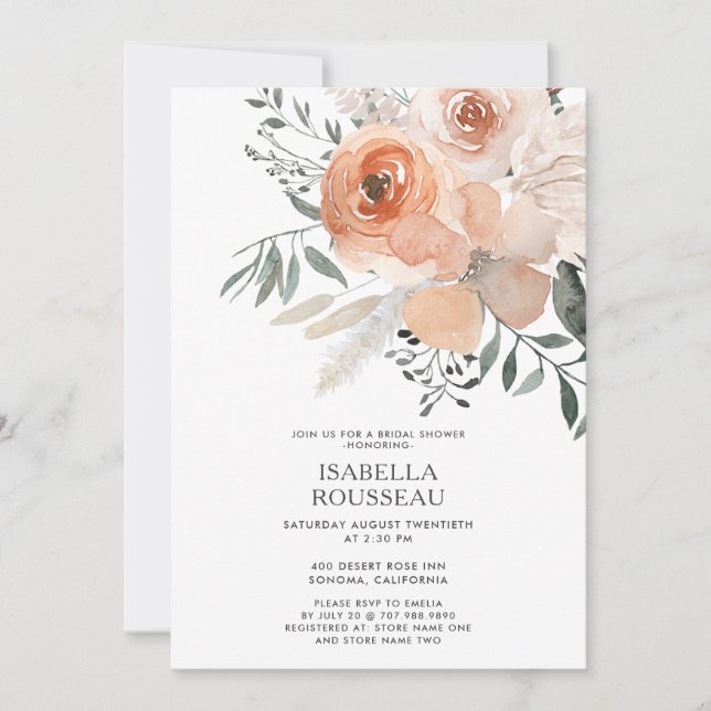 Elegant Bridal Shower Floral Peach Green Invitation (Front)