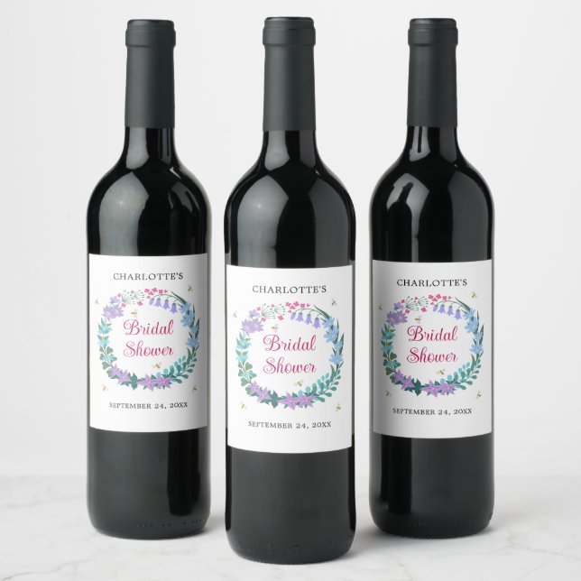 Elegant Bridal Shower Floral Wildflowers Garland Wine Label (Bottles)