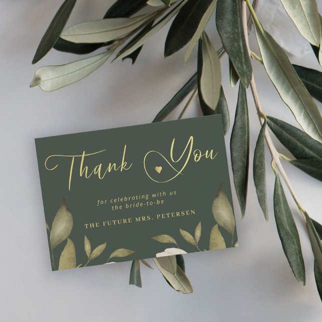 Elegant bridal shower green gold script thank you card (Creator Uploaded)