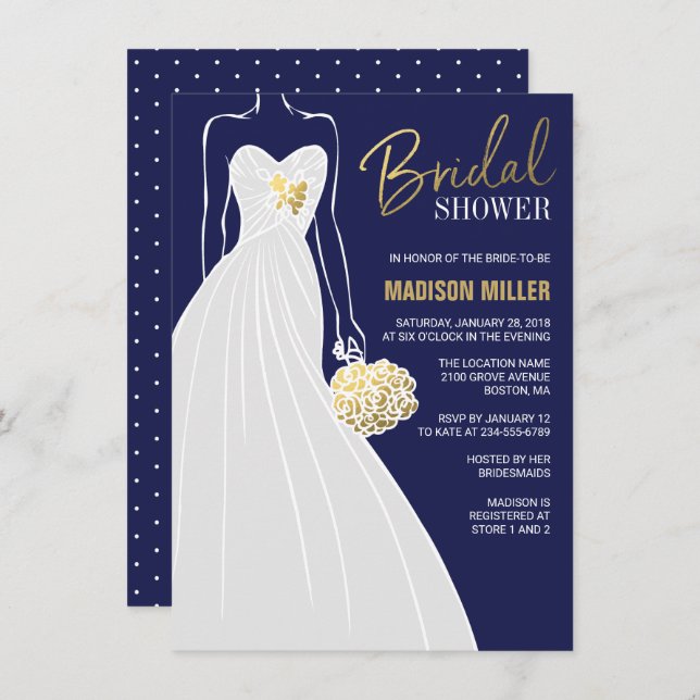 Elegant Bridal Shower Invitation | Blue and Gold (Front/Back)