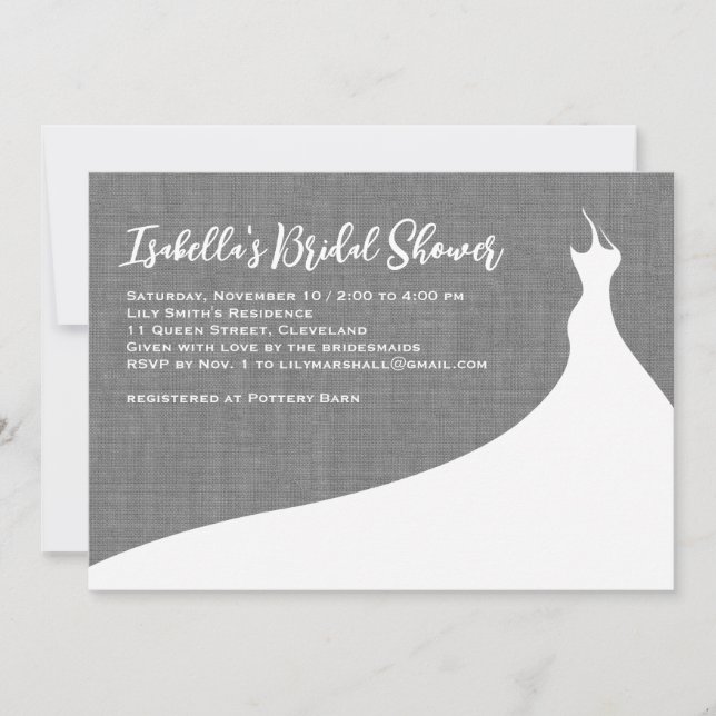 Elegant Bridal Shower Invitation grey linen (Front)