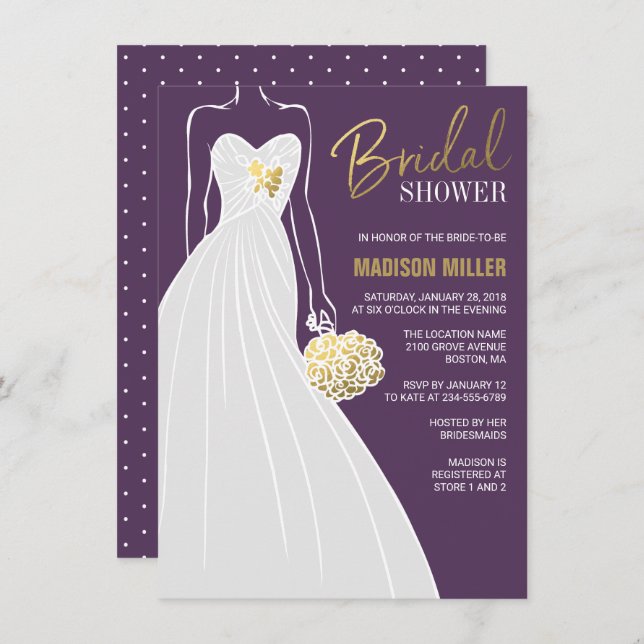 Elegant Bridal Shower Invitation | Purple and Gold (Front/Back)