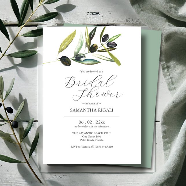 Elegant Bridal Shower Invitations Watercolor Olive (Bridal shower invitations botanical watercolor olive branch by Victoria Grigaliunas Do Tell A Belle)