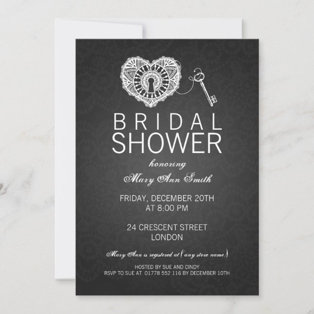 Elegant Bridal Shower Key To My Heart Black Invitation (Front)