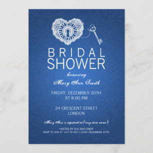 Elegant Bridal Shower Key To My Heart Blue Invitation
