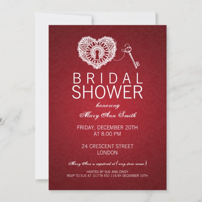 Elegant Bridal Shower Key To My Heart Red Invitation (Front)