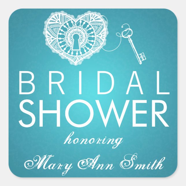 Elegant Bridal Shower Key To My Heart Turquoise Square Sticker (Front)