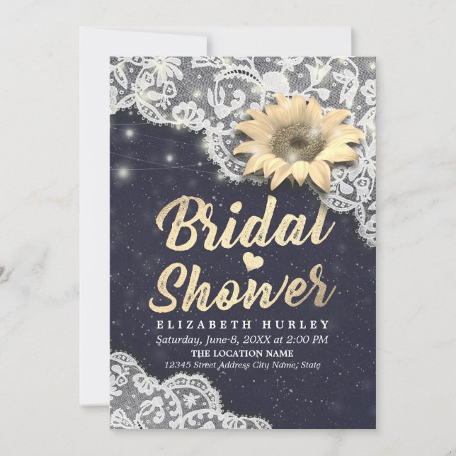 Elegant Bridal Shower Lace Sunflower String Lights Invitation (Front)